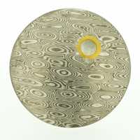 Burr patterned 18k white gold and silver mokume gane discus brooch (49mmø) with 22k gold rimmed cutaway and diamond detail.